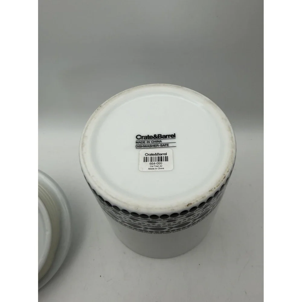Crate & Barrel Cat Treat Canister Fish Lid Black White Ceramic 6.5